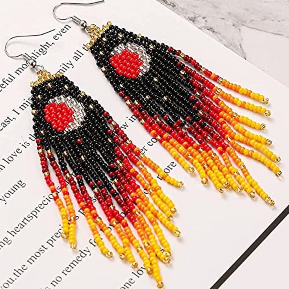 Eclipse Crescent Moon Black Orange Long 5" Bead Earrings Handmade Oversized New - Picture 4 of 7